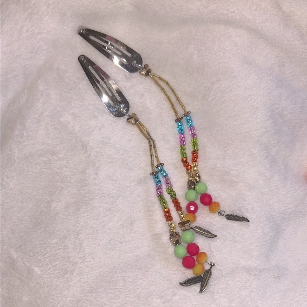 Colorful Beaded Strand Feather Hair Clips